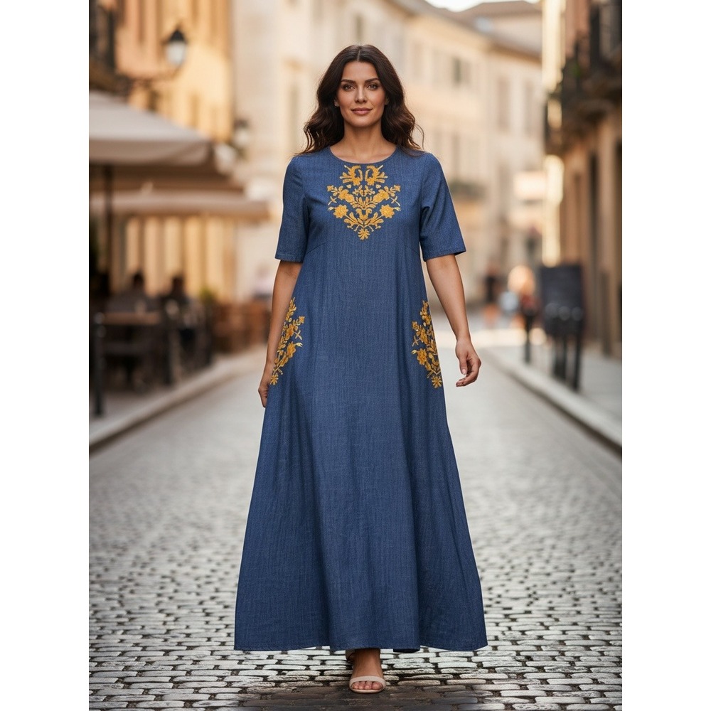 eShakti Blue Chambray Embroidered Cotton Maxi Dress Short Sleeve Sz 8 #104P